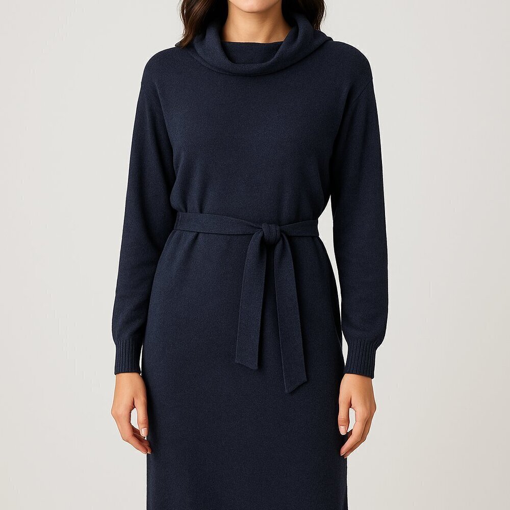 Stitch-Drop Blue Sweater Midi Dress Size M Tie Waist Long Sleeve NWOT